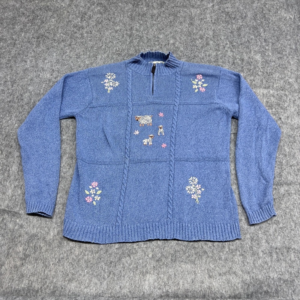 Tulchan Sweater Womens Large Blue Floral Embroider 1/4 Zip Cottagecore Vintage